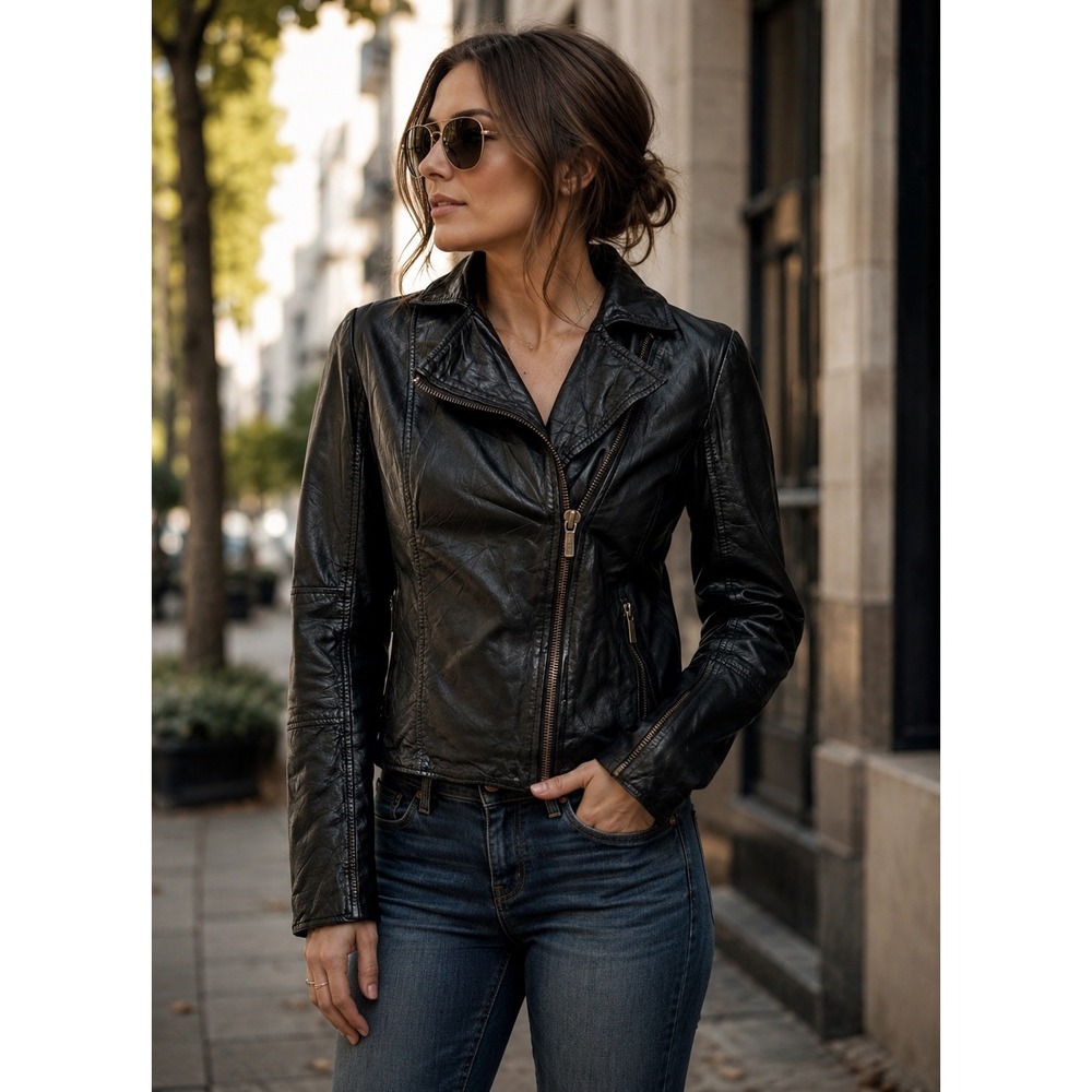 Michael Kors Womens Black Genuine Leather Moto Jacket Asymmetrical Zip Size S